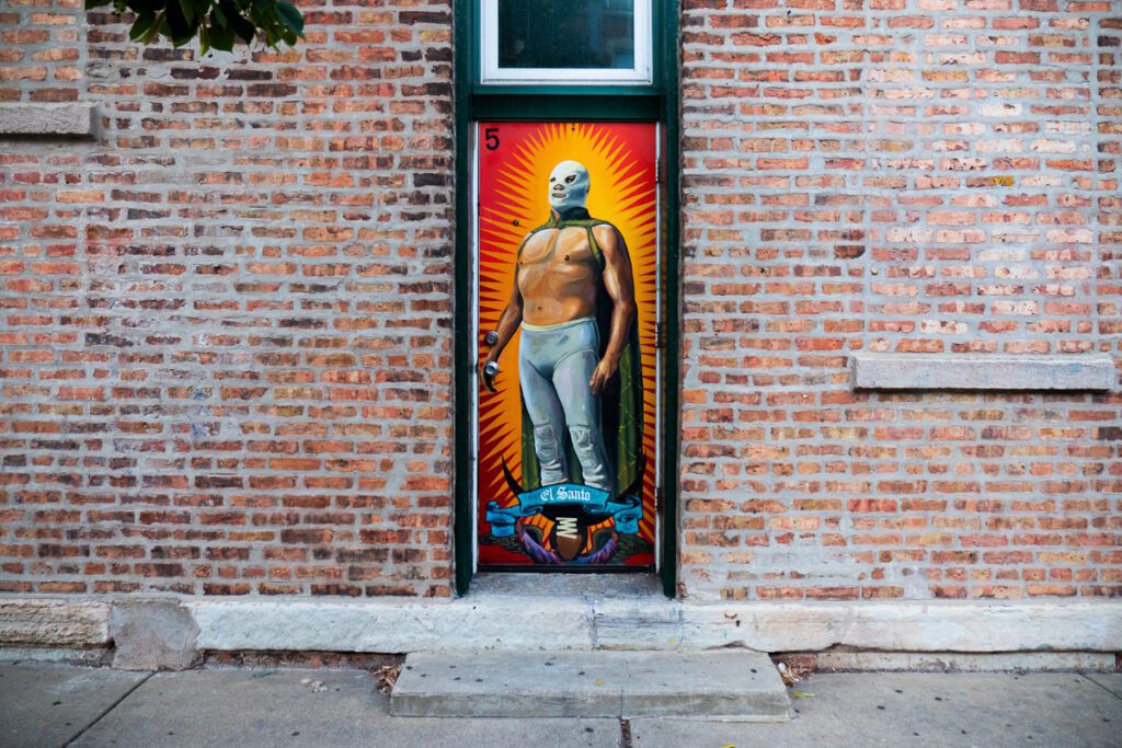 doors, loterÍa, Pilsen, murals, community, Benjamin Giska, El Santo