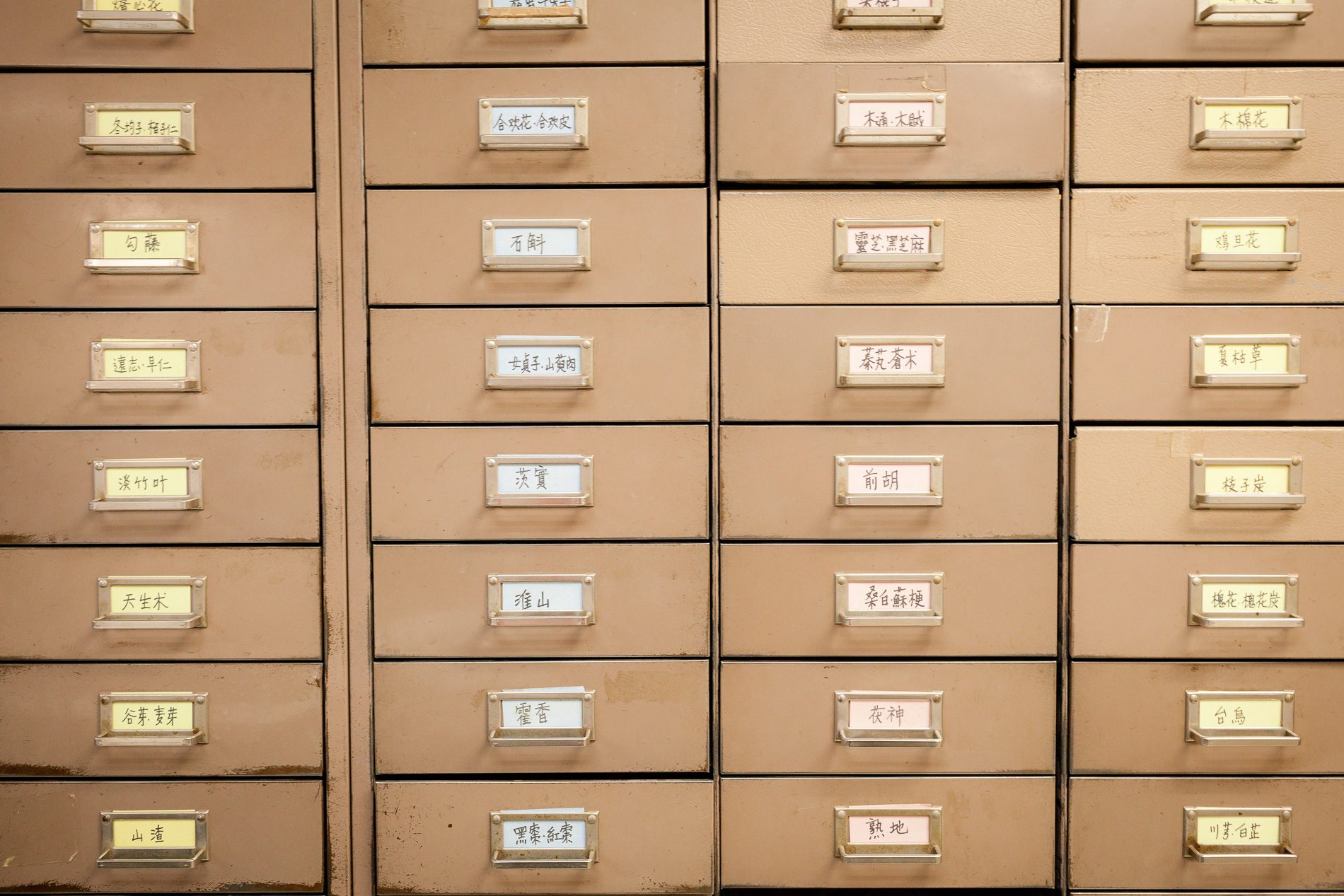 filing cabinets filled with herbs and other ingredients for herbal remedies