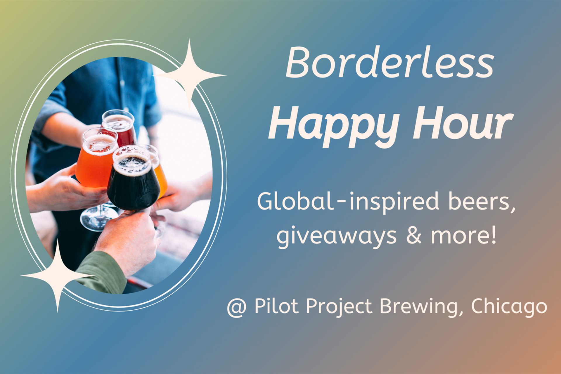 hands cheersing beer and "Borderless happy hour"