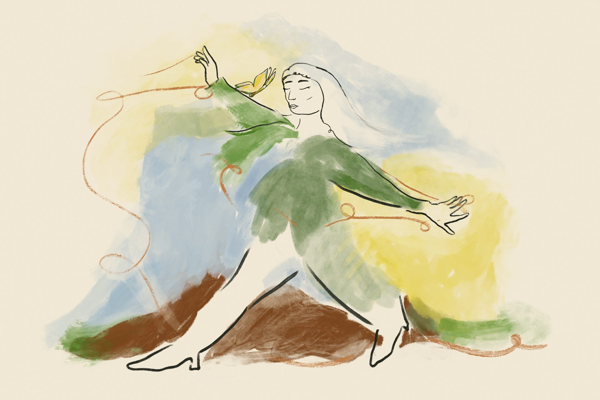 Une femme avec une veste verte et un papillon danse