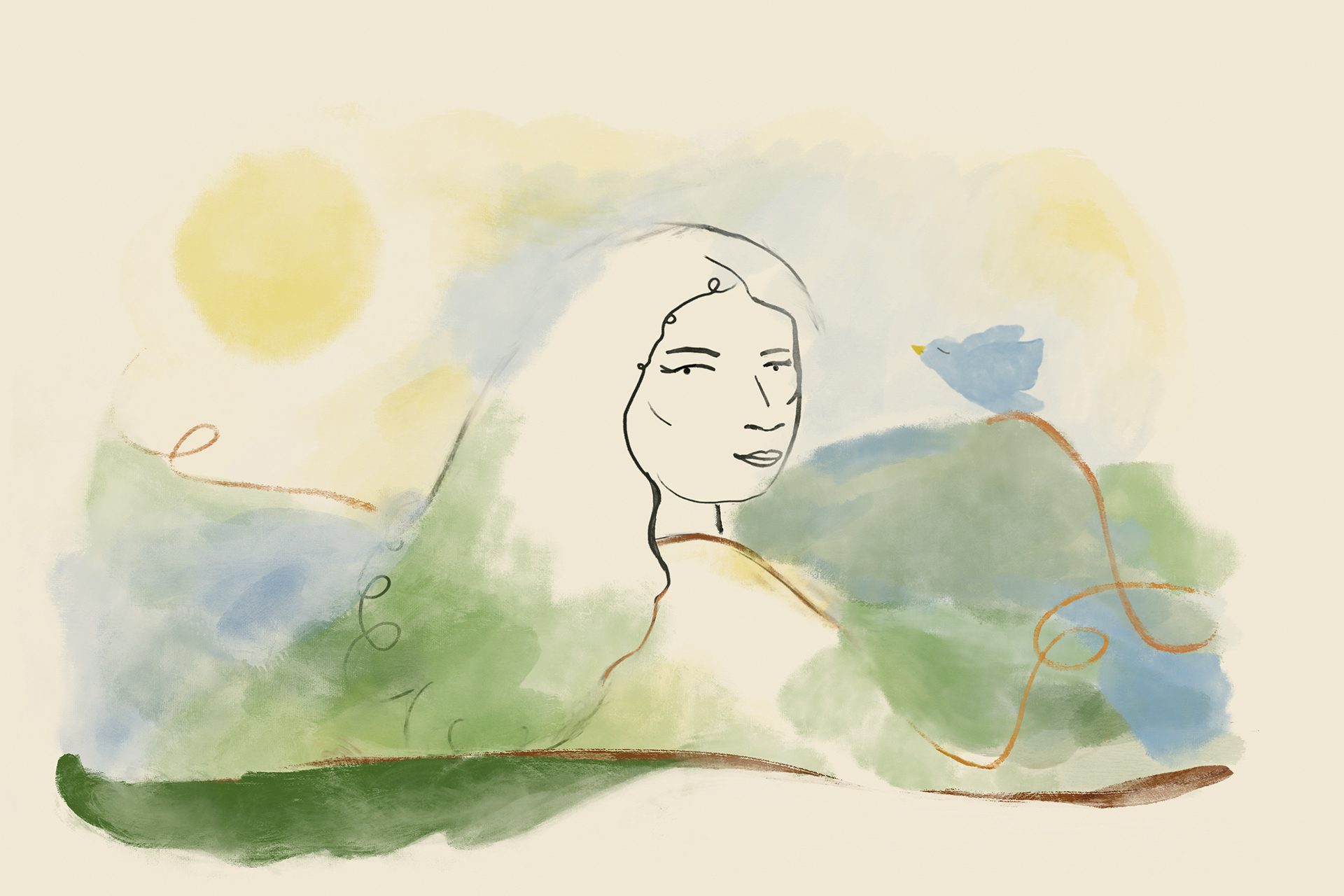 A woman looks back over her shoulder and a blue bird faces her