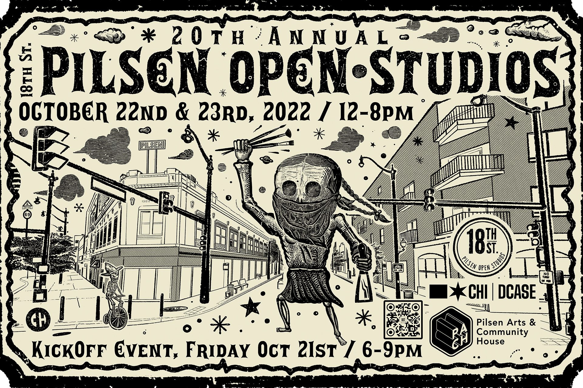 &quot;20º anual Pilsen Open Studios OCt. 22 y 23. 2022/12-8pm&quot; una ilustración de la calle 18 y una figura con pinceles y un pañuelo.