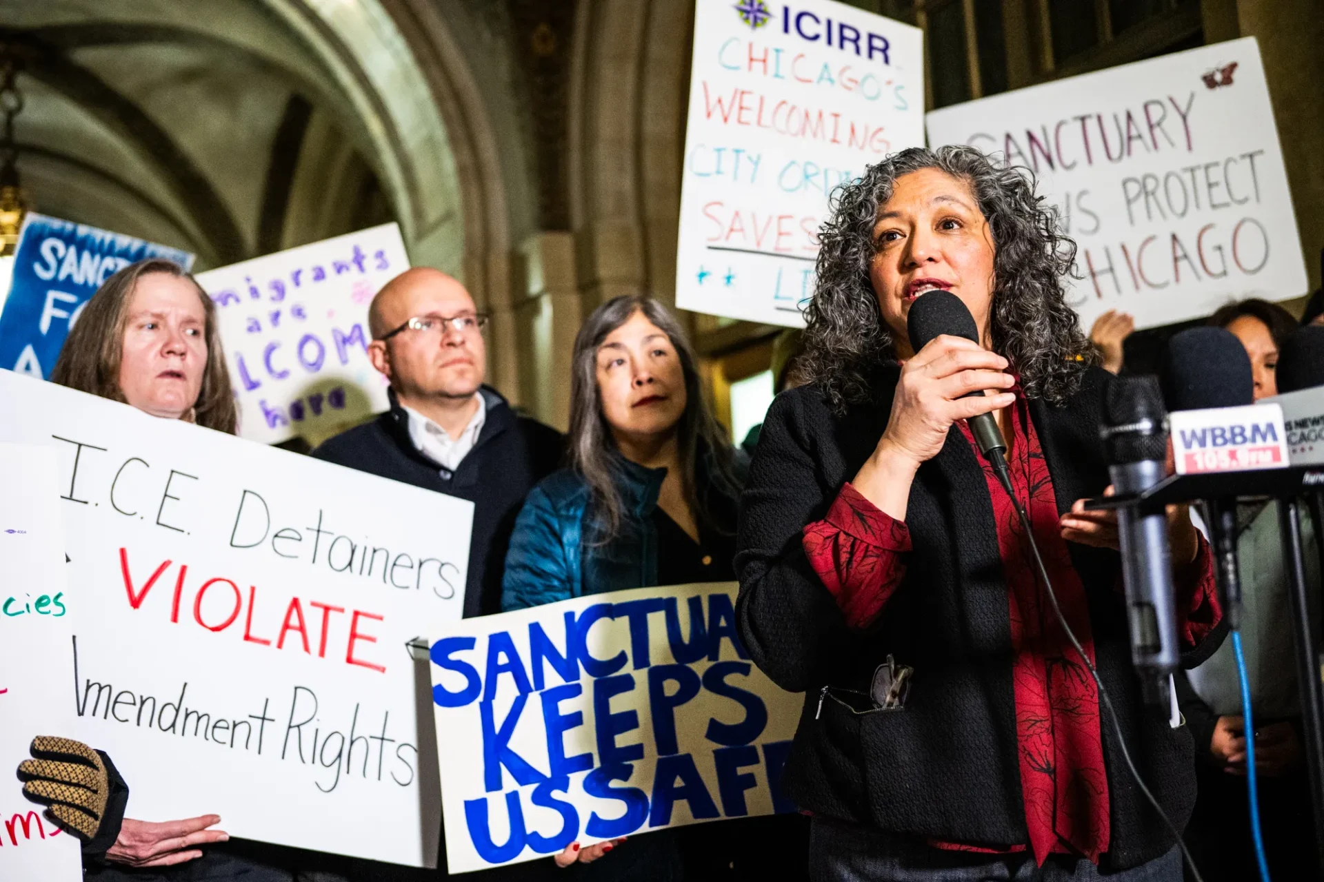 Beatriz Ponce de Leon, Deputy Mayor for Immigration, Migrant and Refugee Rights, speaks as protesters and local officials filled the lobby at City Hall Jan. 13, 2025 to rally in support of the city's Welcoming City ordinance in the face of Ald. Raymond Lopez (15th) and Ald. Silvana Tabares (23rd)’s proposed changes to the ordinance.