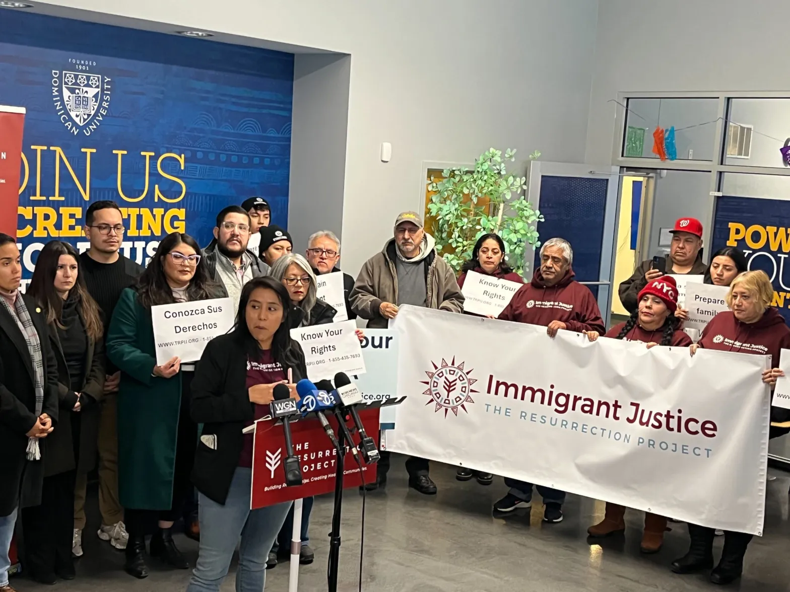 Eréndira Rendón, the Resurrection Project’s vice president of immigrant justice, speaks at press conference in Pilsen Saturday.