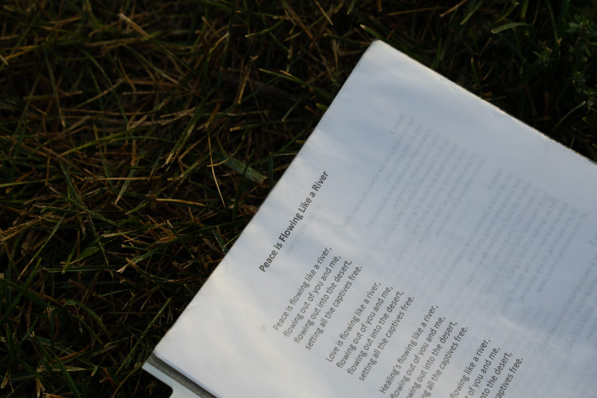 A laminated printed hymn lies on the grass as members of a weekly prayer group begin their vigil on the corner of Beach and Lexington Street in Broadview, Ill., on Friday, Sept. 26, 2025.