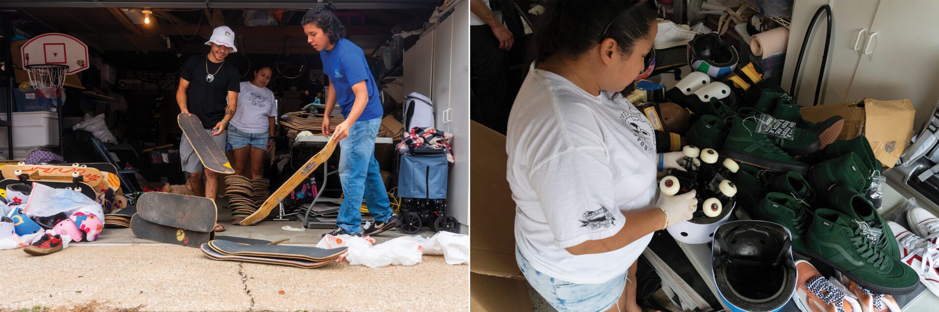 Rita* supervises her nephews Rodrigo and Javier Ponce as they sort through skate deck donations during the boxing process in Harwood Heights, IL. Ina second image, Rita stuffs trucks and wheels into skate helmets to maximize space while packing donations in her garage.