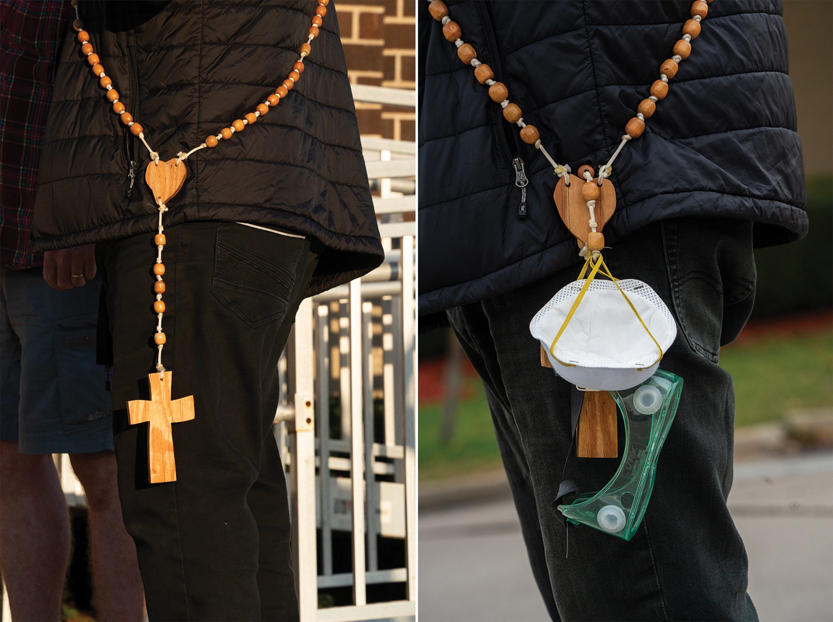 Left: A close up photo shows Joaquin Martinez as he carries a large rosary with him to pray with a group of activists and congregants outside the Broadview ICE facility on Sept. 5, 2025. Right: Joaquin Martinez hangs personal protective equipment from his rosary while observing protesters outside the Broadview ICE facility on Oct. 17, 2025.