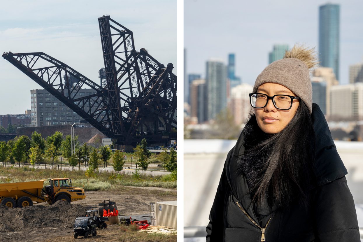 A pair of images, first showing a construction site on a vacant tract of land in the South Loop next to Chinatown, will house the new Chicago Fire stadium; the second shows Debbie Liu, president of the Ping Tom Park advisory council standing near the development site with the South Loop skyline behind her.