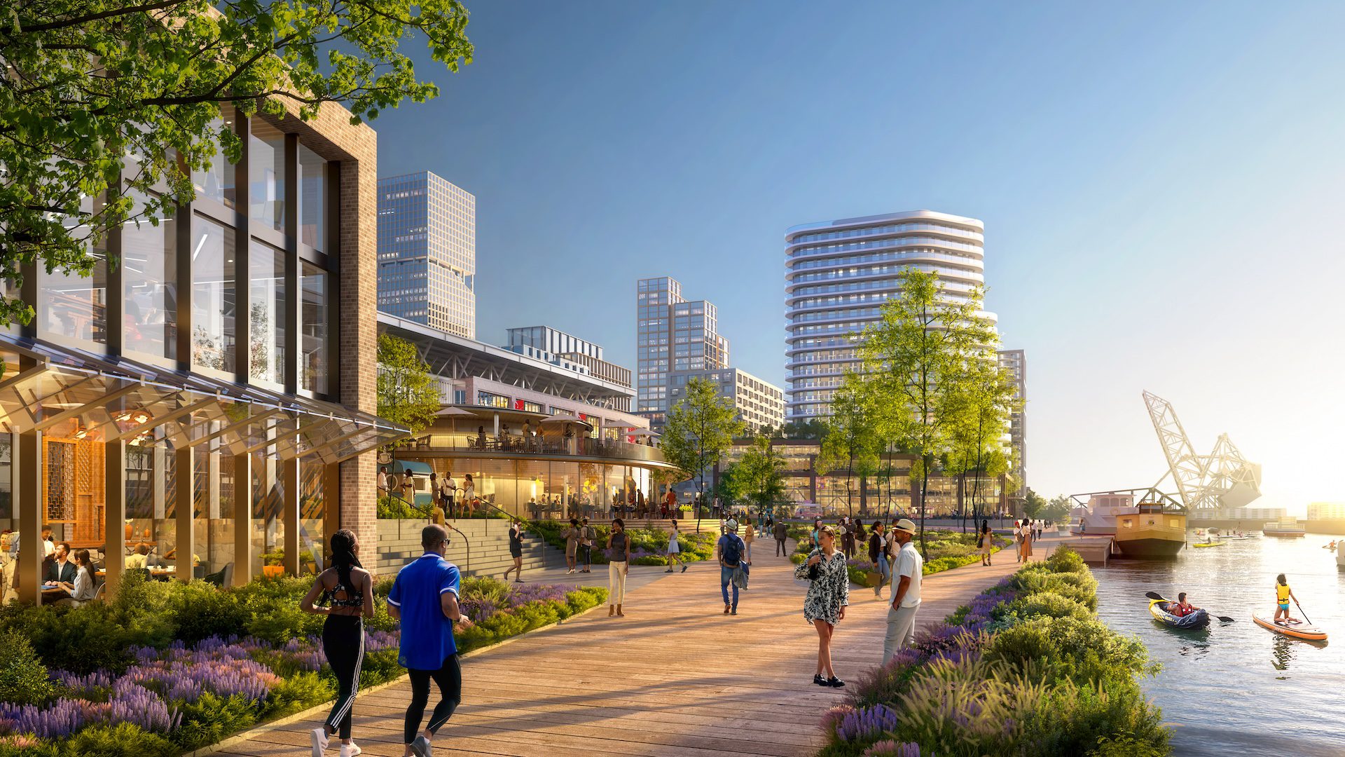A rendering of The 78 development, including the Chicago Fire stadium, show people walking down a walkway along the Chicago River with new mid-rise towers in view.