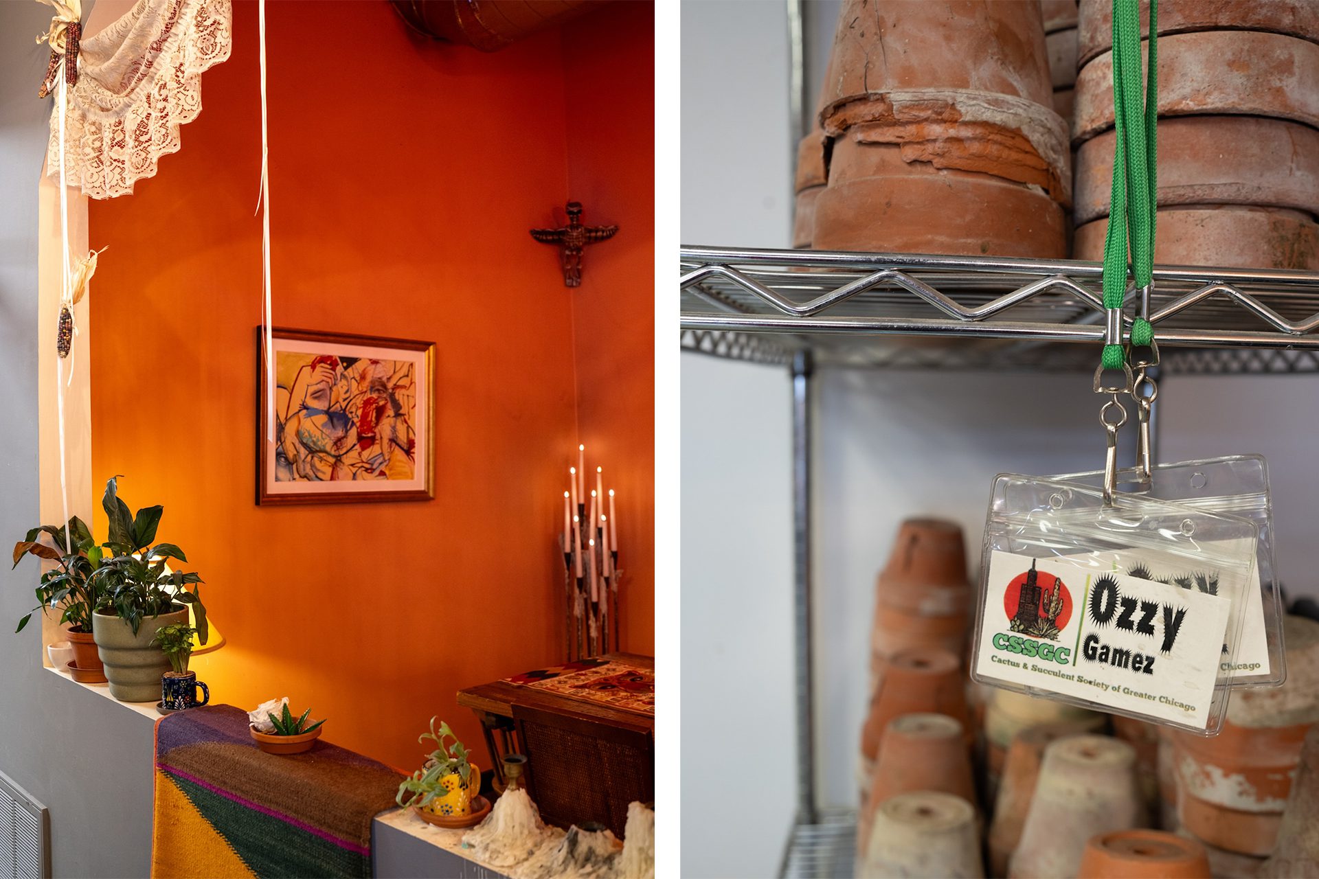 A pair of images shows the interior of Casa Cactus, including plants, art work, pots, and Ozzy Gamez's name badge.