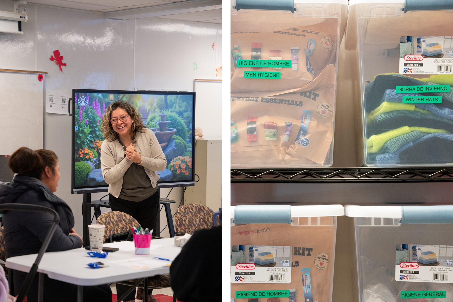 In first image, community health worker Diana Martinez smiles as leads a group of women through self-esteem building exercises. In the second image, bins holding extra clothes, hygiene kits and snacks are stored.