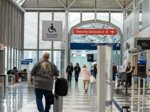 Viajeros caminan hacia un control de seguridad en el aeropuerto O'Hare de Chicago.