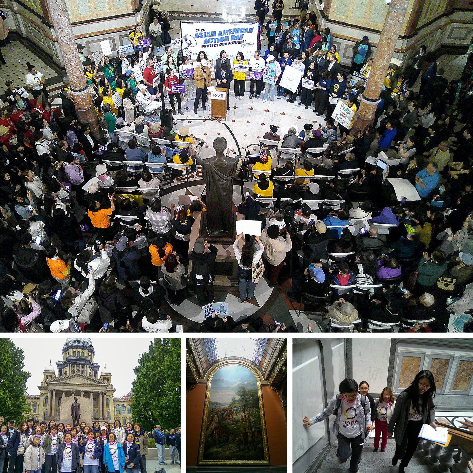 Un collage de fotos muestra a Sarah Yeo y otros activistas participando en el Día de Acción Asiático Americana en el capitolio estatal en Springfield.