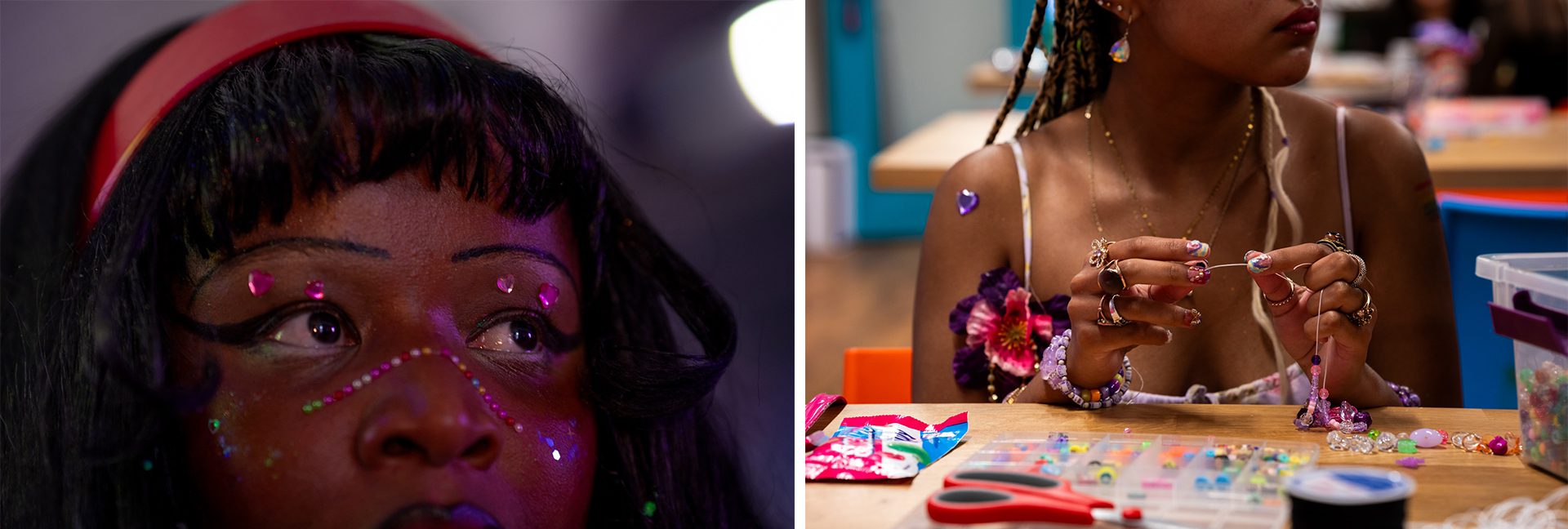 In the first of two images, a close up of Athena Gaines shows her wearing face gems applied at the activity table during Yollocalli and CALOR’s queer prom. In the second image, Sophia, wearing multiple rings, strings together a beaded bracelet at the jewelry making activity table.