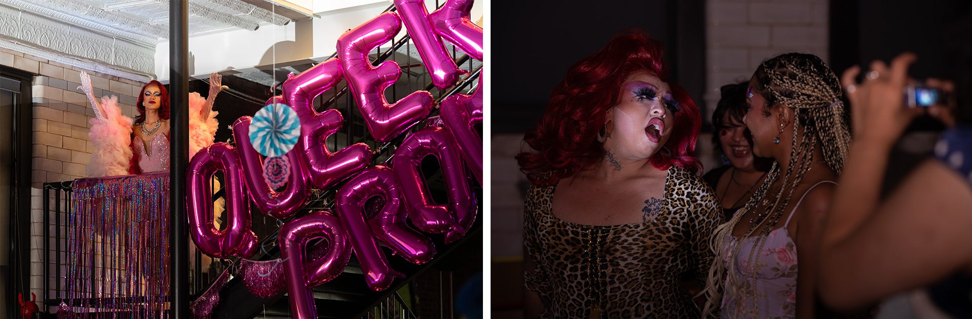 In the first of two images, Queer prom host Gege Fierce stands alongside large balloons reading "Queer Prom" opening the dance floor with the first drag performance of the night. In the second image, frag performer Totomiko, whose face is illuminated by a spotlight, interacts with the audience during Yollocalli and CALOR’s queer prom.