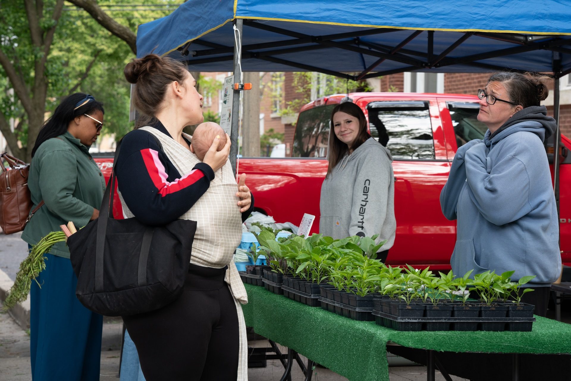 Melissa Cohn, co-owner of Andrew’s Heirlooms, stands behind herbs for sale while talking with a customer at Uptown’s Farmers Market.