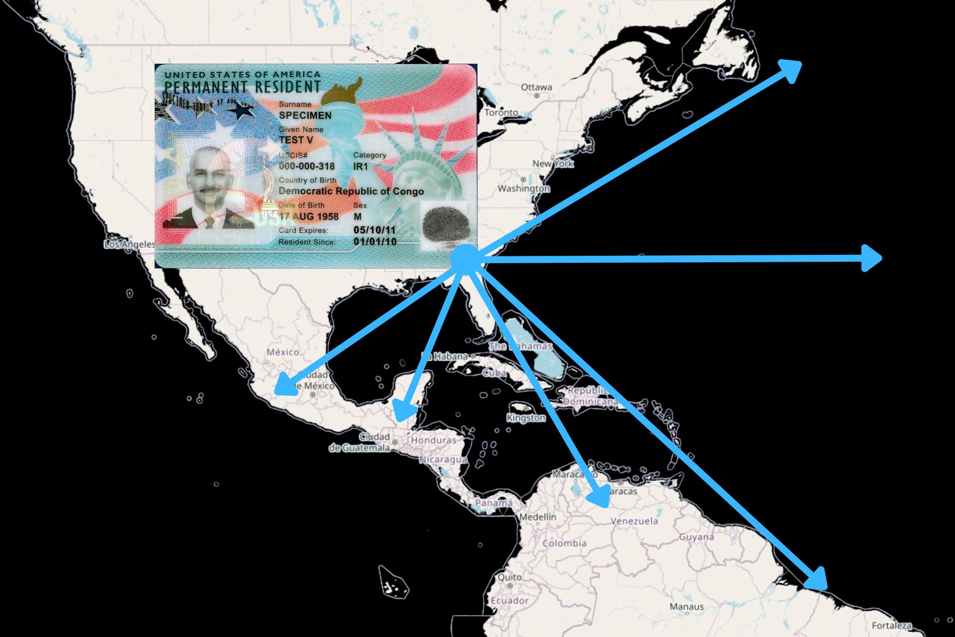 A sample green card is shown atop a map of North America with arrows pointing away from the United States.