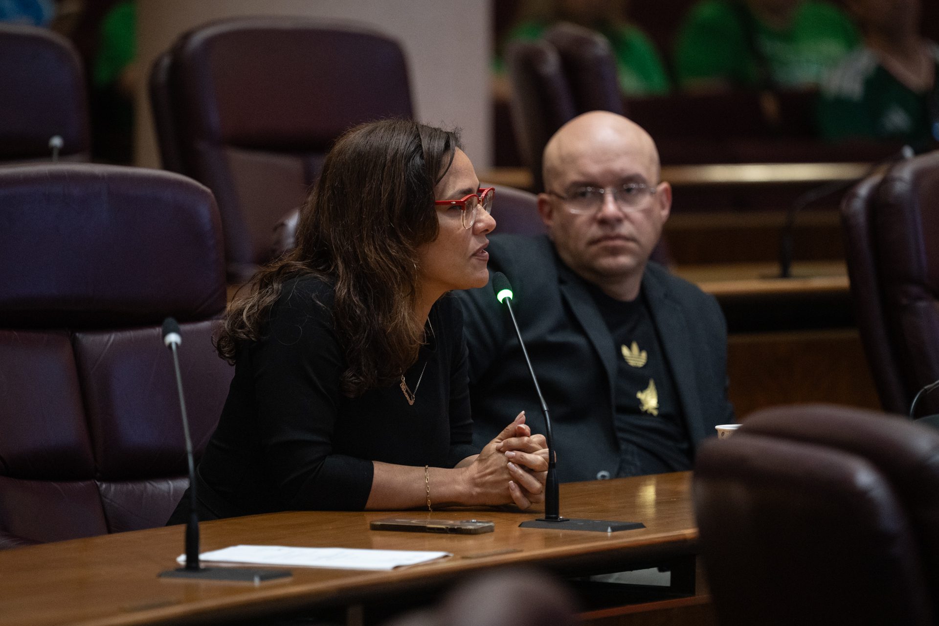 Ald. Rossana Rodríguez Sánchez (33rd) gets emotional as she shares her support for Chicago’s immigrant communities as Ald. Michael Rodriguez (22nd) listens during a Committee on Immigrant and Refugee Rights (CIRR) hearing about DACA on June 11, 2026.