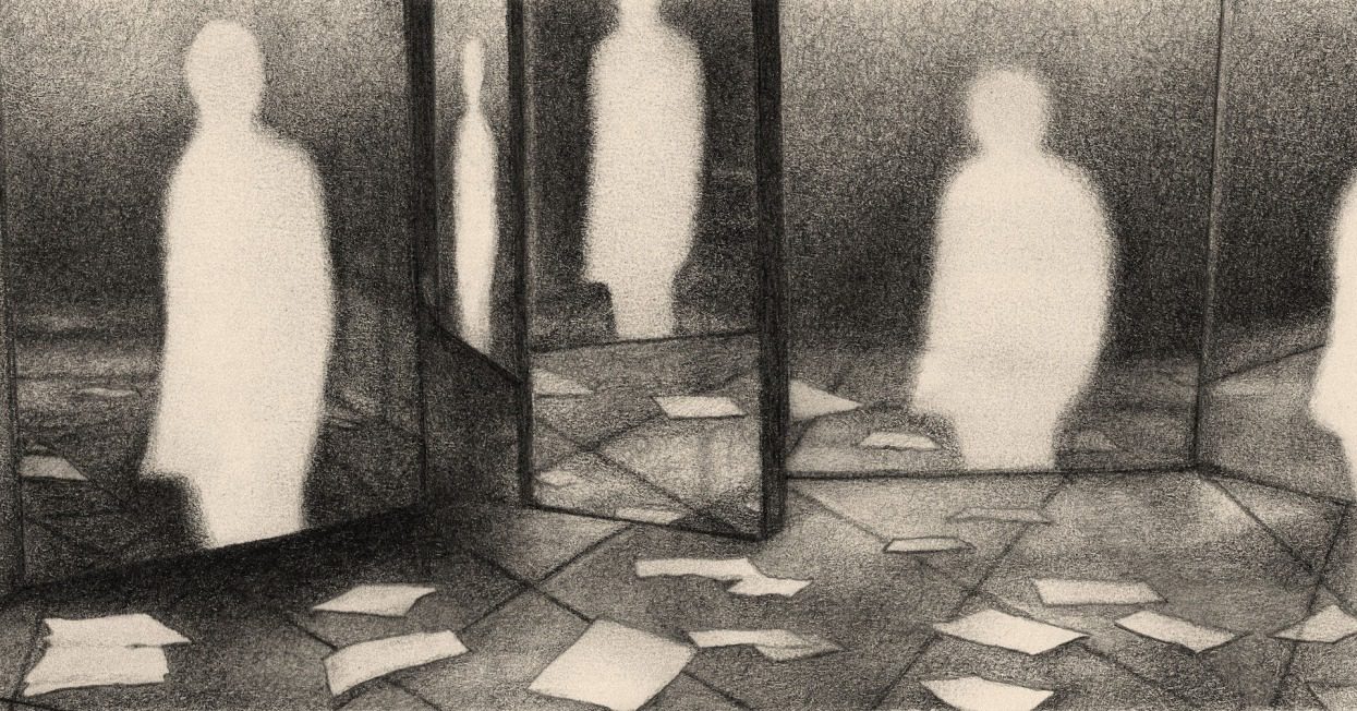 A black-and-white illustration shows a room of mirrors with blank white pages scattered on the floor. A white silhouette stands inside each mirror.