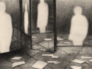A black-and-white illustration shows a room of mirrors with blank white pages scattered on the floor. A white silhouette stands inside each mirror.