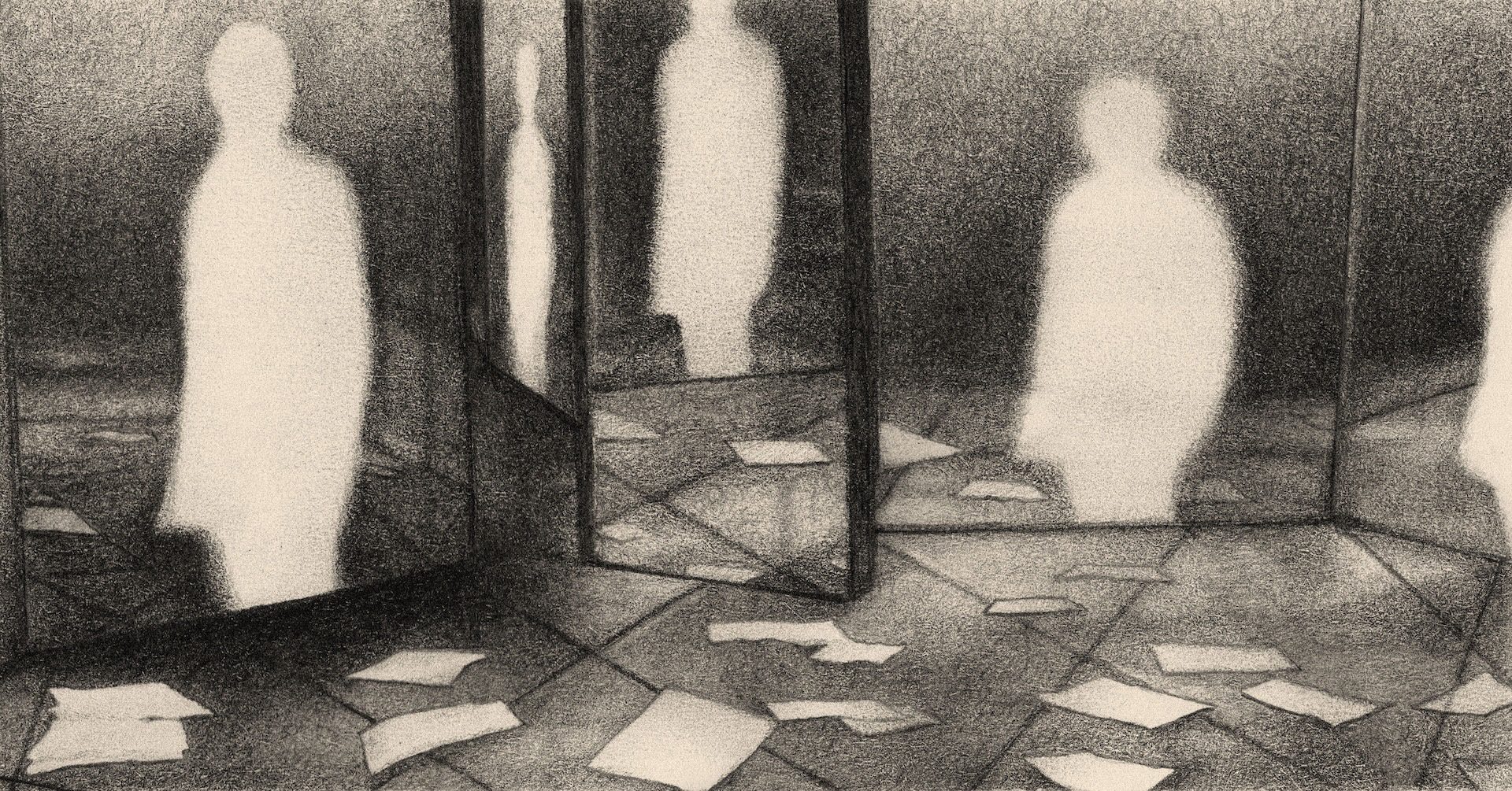 A black-and-white illustration shows a room of mirrors with blank white pages scattered on the floor. A white silhouette stands inside each mirror.
