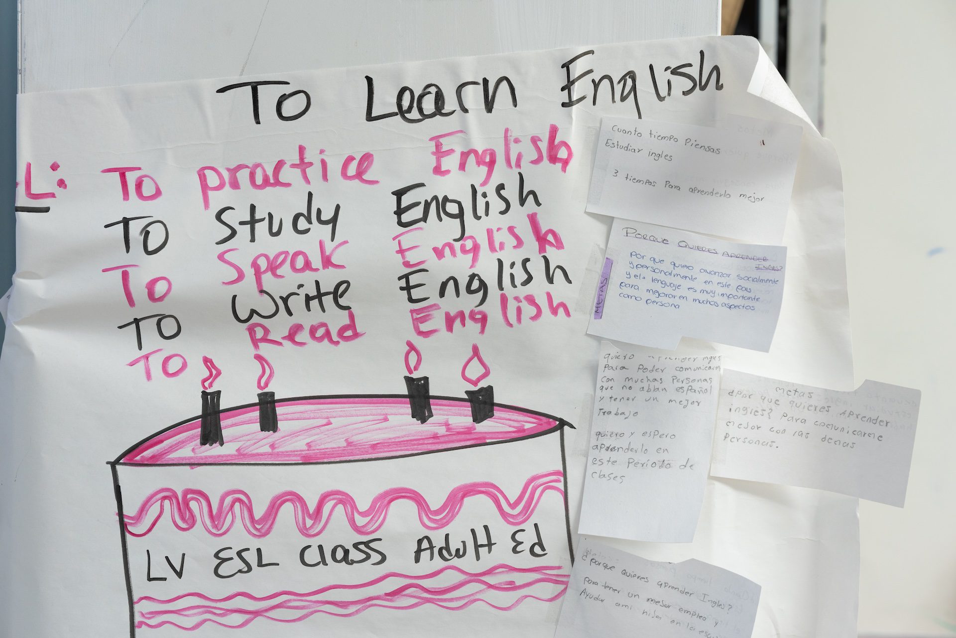 Notes in pink and black ink written by students reflecting on why they want to learn English are tacked onto a poster made during an adult education class at Erie House.