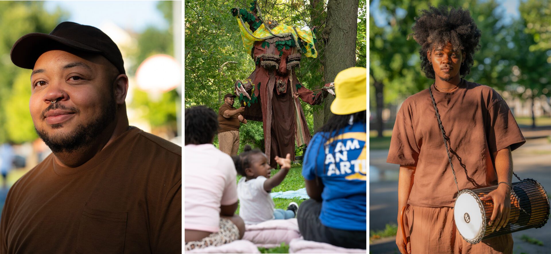 Alex Lee Reed (left) and Amari Amai (right) play the role of “Tree Elder” in Free Street’s play “Touch Grass.” Amai says puppeteering the tree with Reed has helped them become more present and in tune with their body.