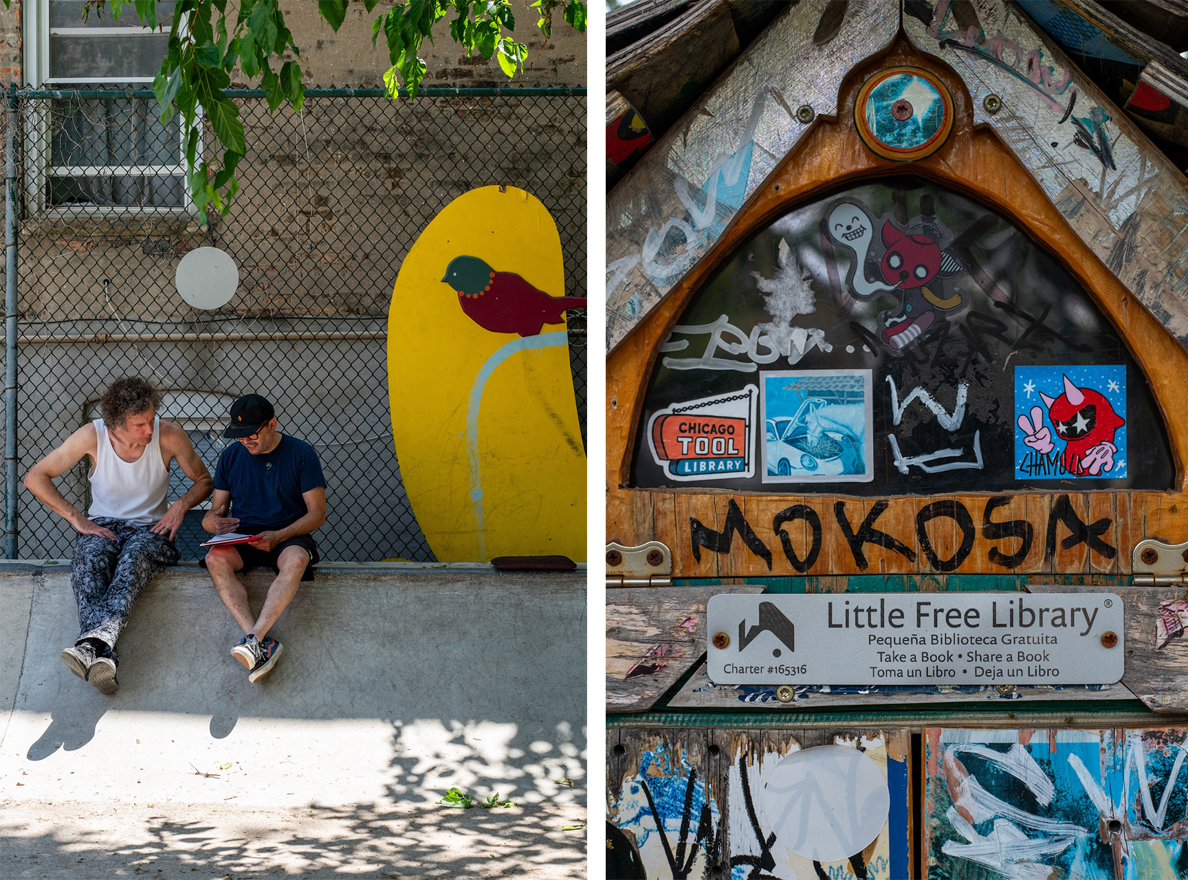 In the first of two photos, Juan Cháves (right) discusses skate ramp improvements with a volunteer at a DIY community space and skate park with art installments next to them. In the second image, a close-up of a free little library at Marshfield Courts is covered in stickers and graffiti.