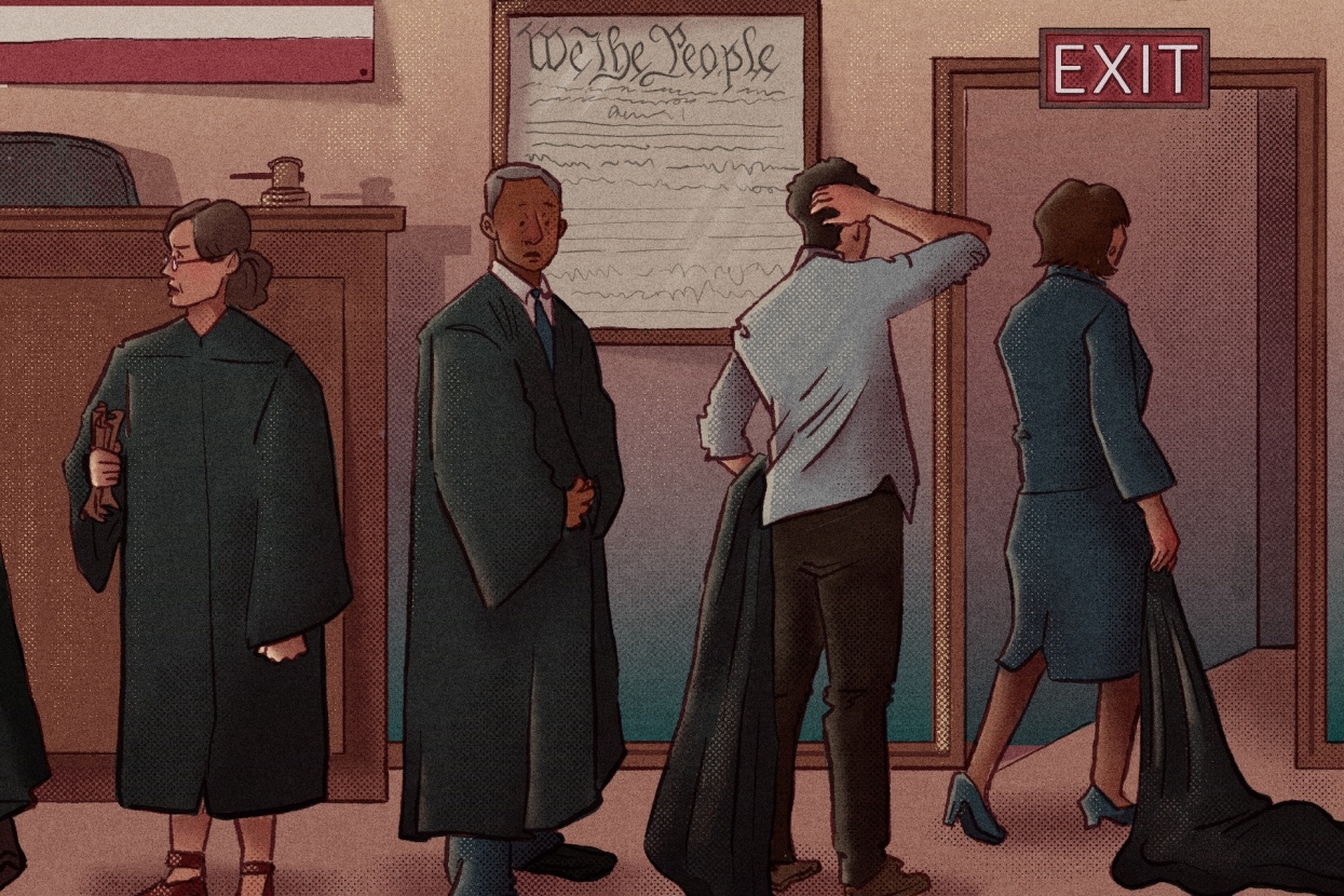 Four immigration judges, looking confused and upset, walk towards the exit in a courtroom in an illustration.