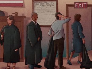 Four immigration judges, looking confused and upset, walk towards the exit in a courtroom in an illustration.