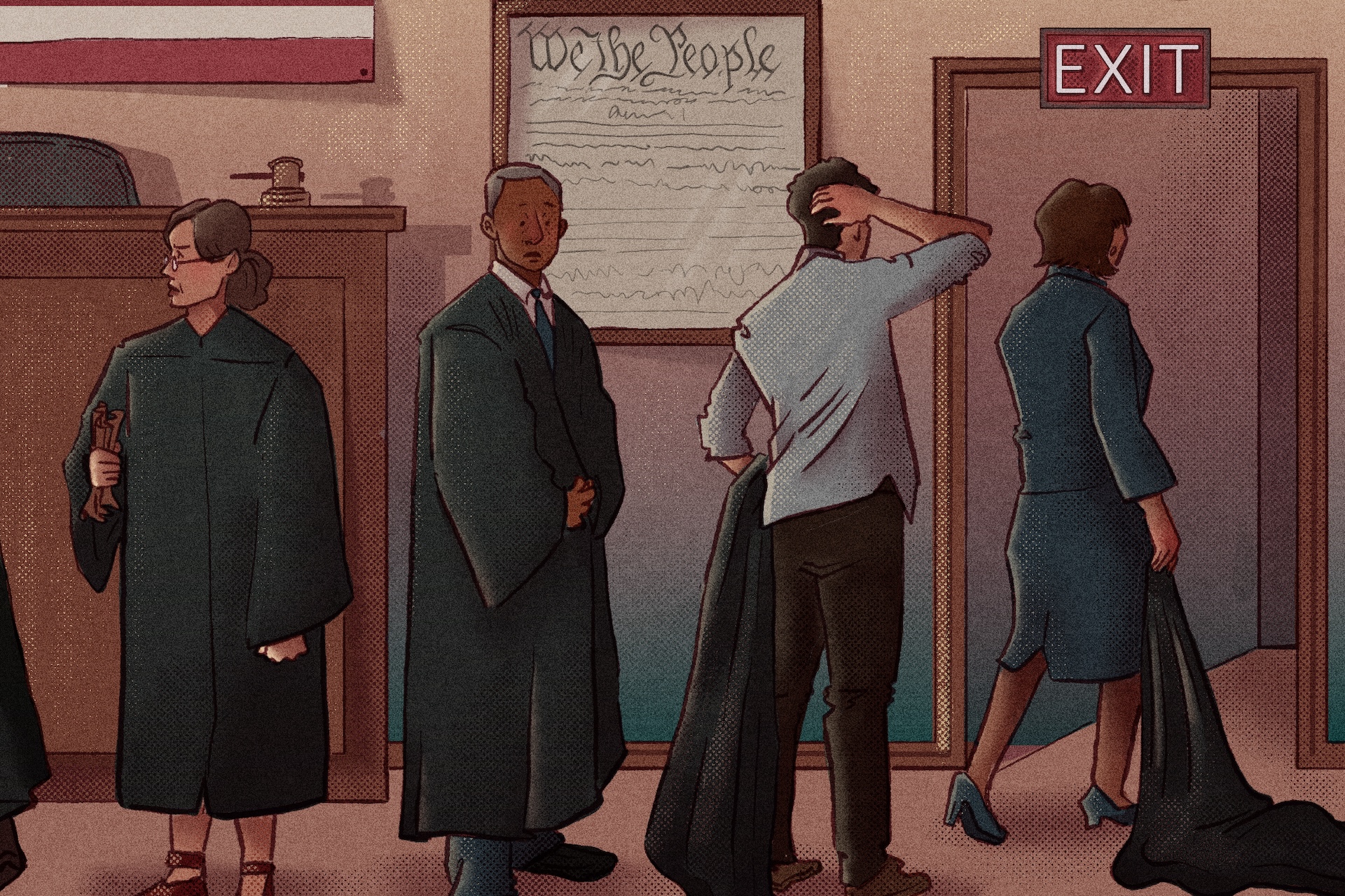 Four immigration judges, looking confused and upset, walk towards the exit in a courtroom in an illustration.