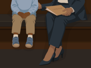An illustration shows an immigration attorney holding paperwork seated next to a child.