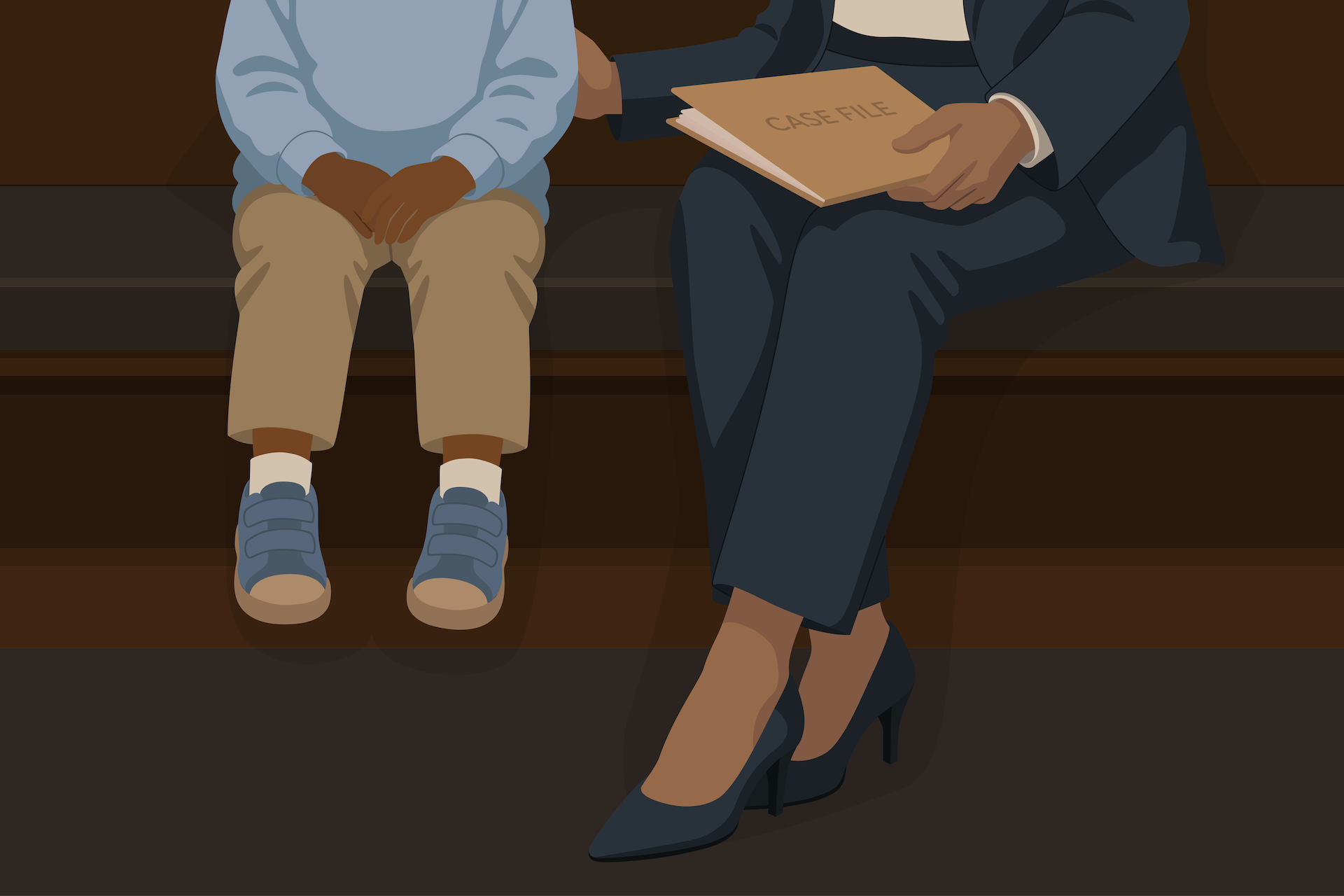 An illustration shows an immigration attorney holding paperwork seated next to a child.