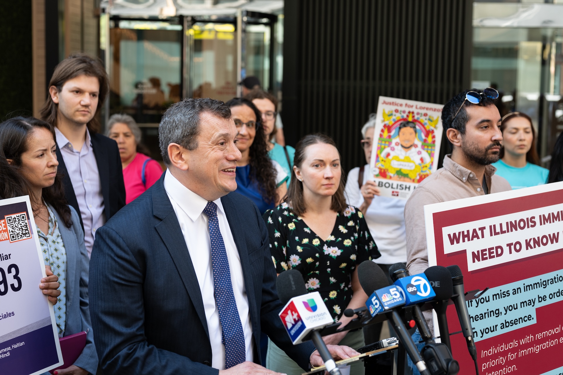 Attorney Samuel B. Cole with the ACLU Illinois joins around a dozen fellow immigrant rights leaders to raise awareness about President Trump’s “mega master hearings” happening at Chicago immigration court at 55 E. Monroe during a press conference on July 30, 2026
