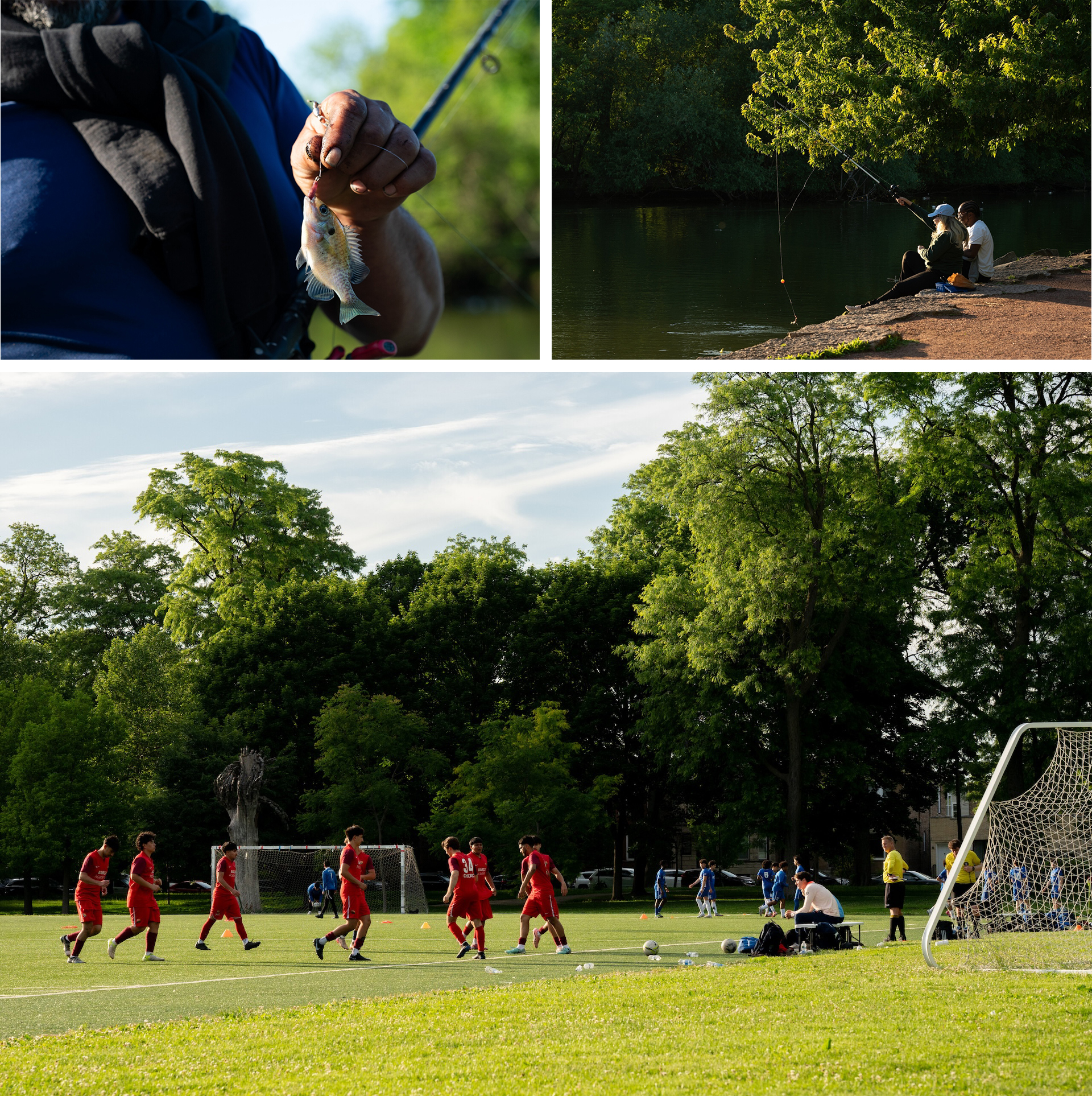 In the first of three images, Jose Navarez holds up a small fish that he caught in McKinley Park where he fishes most weekends. In the second image, two people sit along the waterfront at McKinley Park with their fishing poles. In the third image: a group of youth play soccer on the park's athletic field.