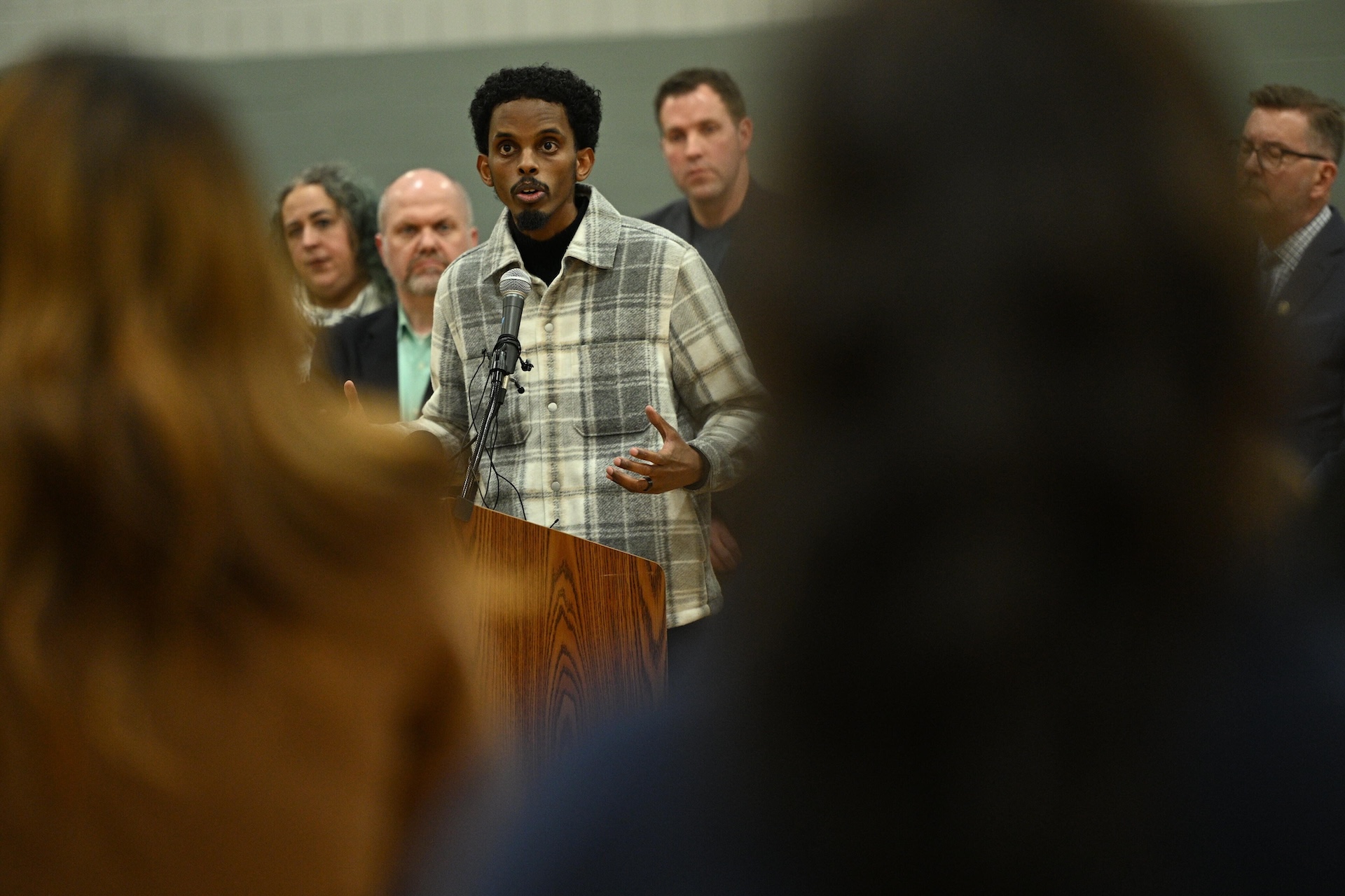 Minnesota Sen. Omar Fateh (62, DFL) stands as he speaks at a podium during a press conference at Coyle Community Center in Minneapolis, Minn.