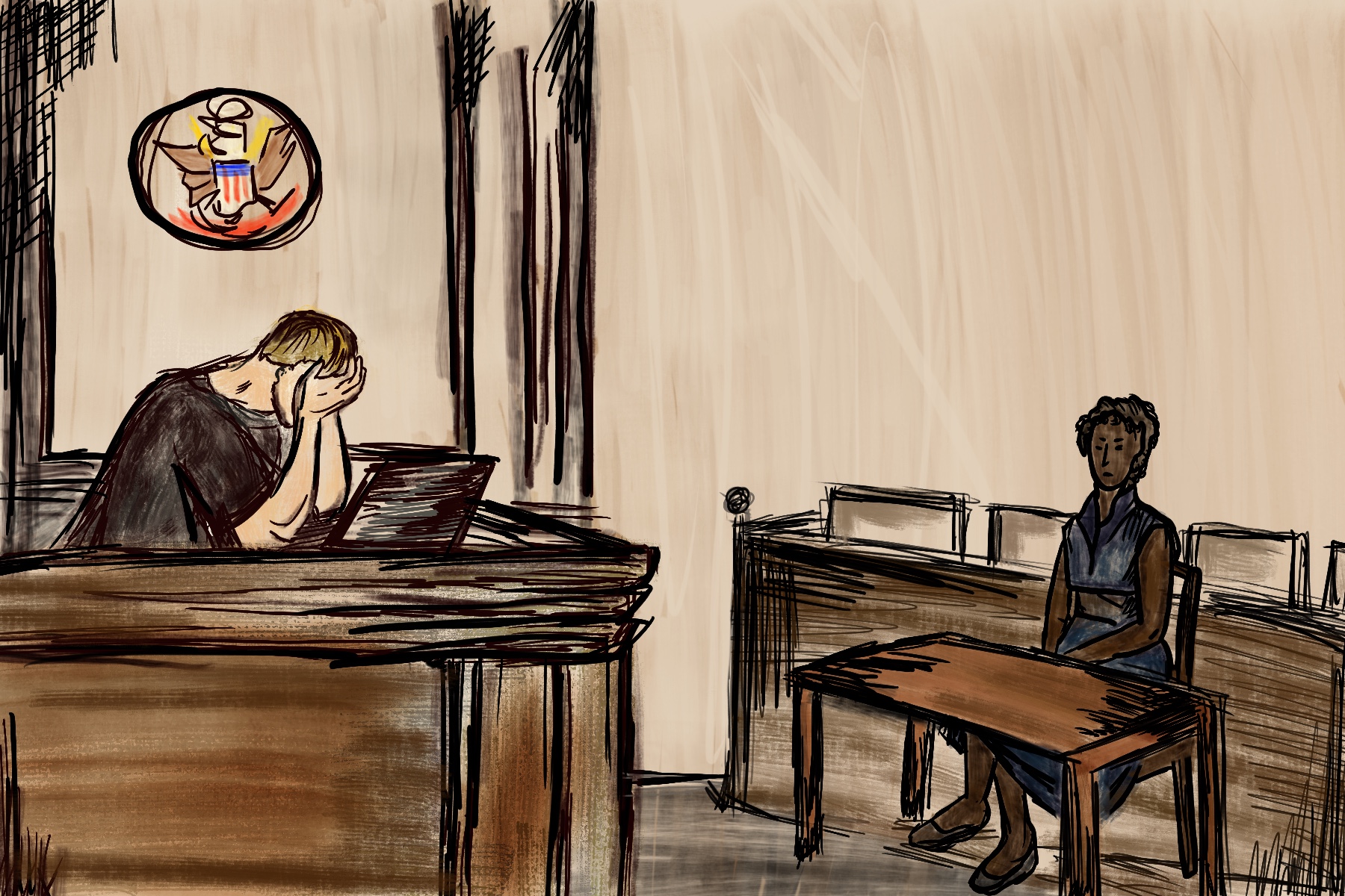 A middle-aged woman speaks to a judge who puts his hands on his head in frustration as there are no court room interpreters.
