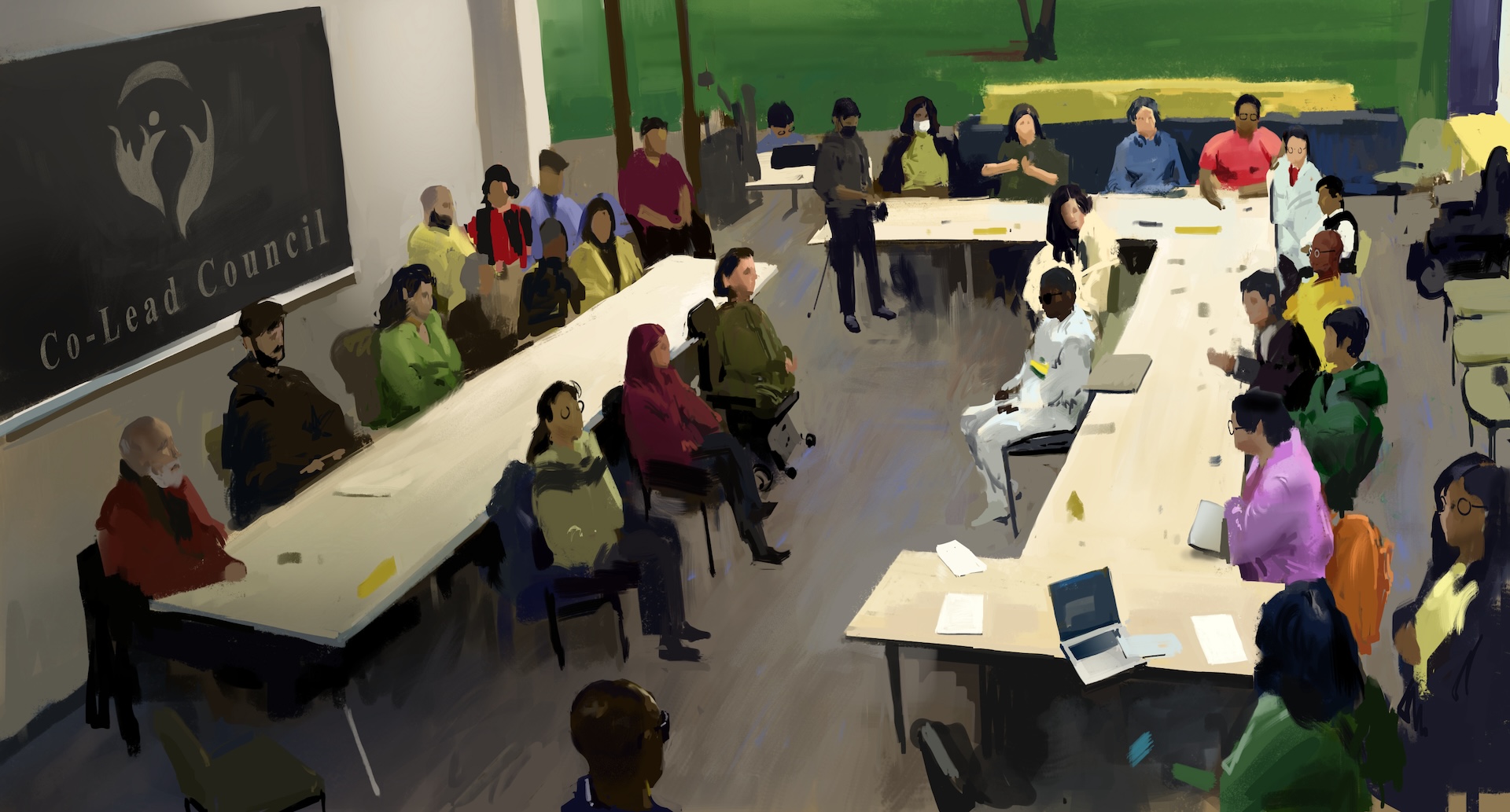 An illustration shows a discussion at UIC with around 30 participants seated around tables, including Rooshey Hasnain, Francisco Alvarado, and many other contributors, saw the Career Opportunities Leadership Council (Co-Lead) initiative introduced for and with people with disabilities from underrepresented and marginalized backgrounds including immigrants, refugees, and asylees on April 23, 2024.