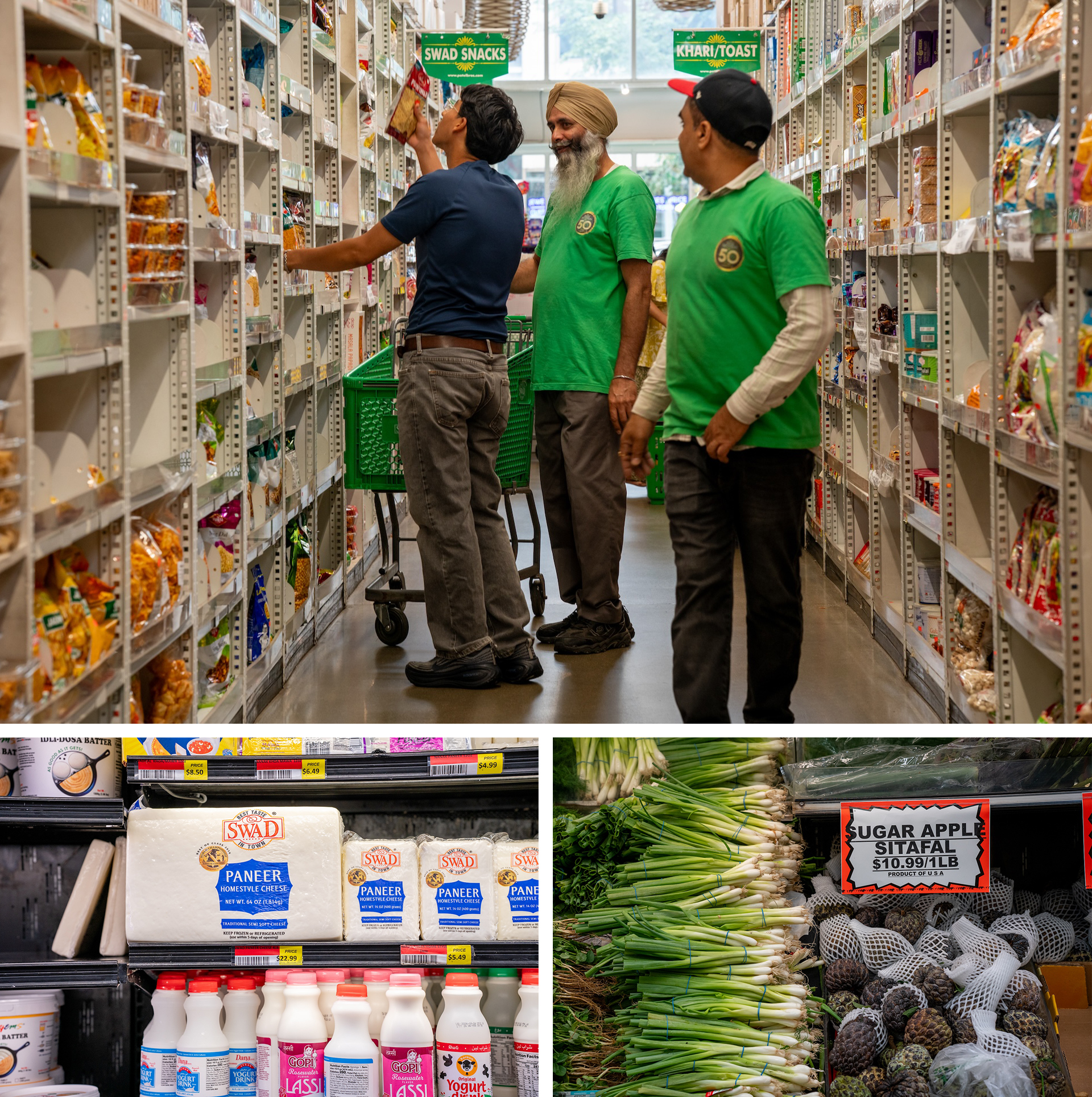 In a three photo grid, two employees wearing green Patel Brothers t-shirts assist a customer looking through the large shelves of packaged goods. Detail photos show dairy items and fresh produce, including sugar apples.