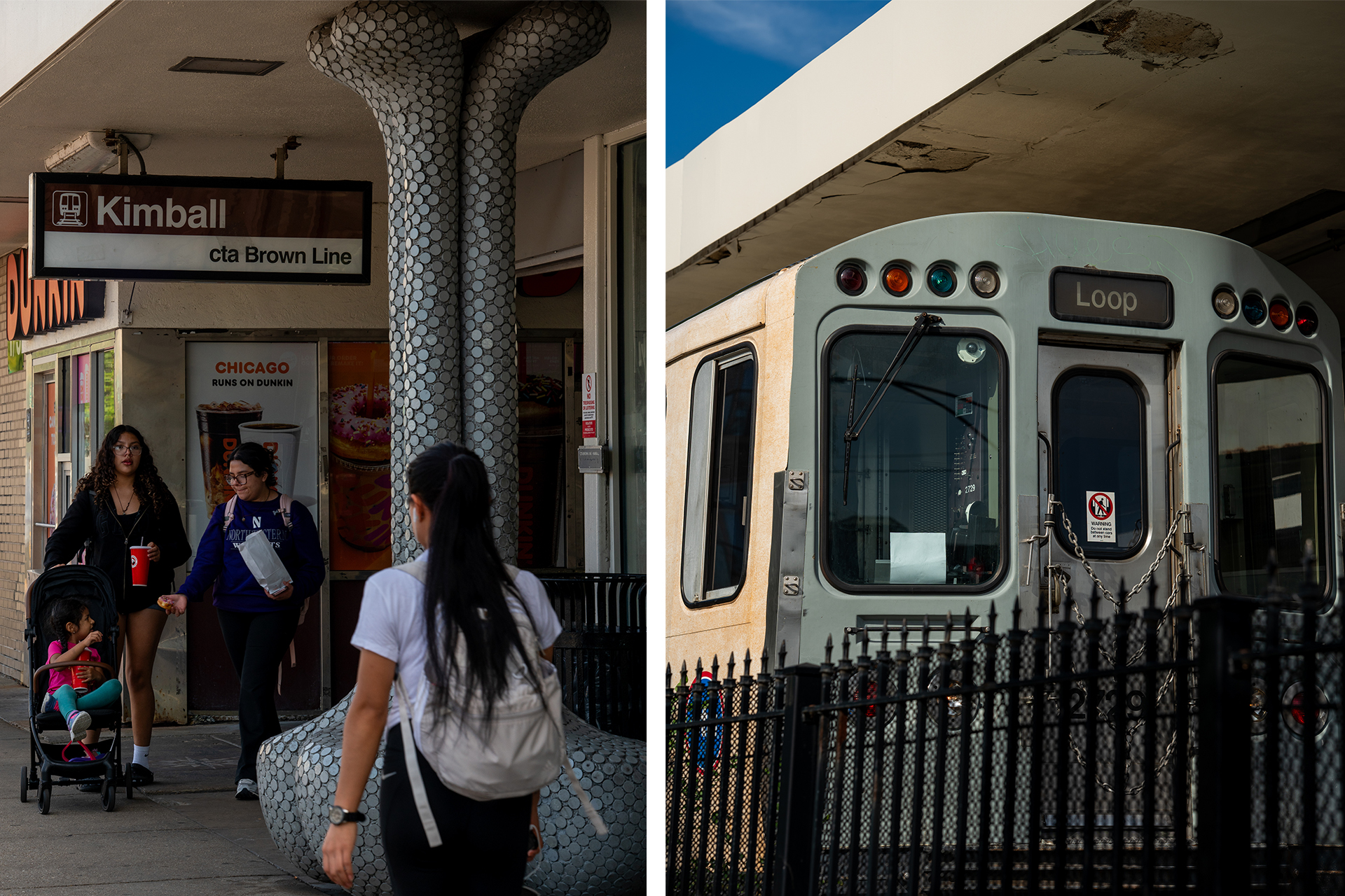 In the first of two images, a family walks past the Kimball CTA train station. In the second image, a Brown Line CTA train sits behind a fence, waiting to depart.