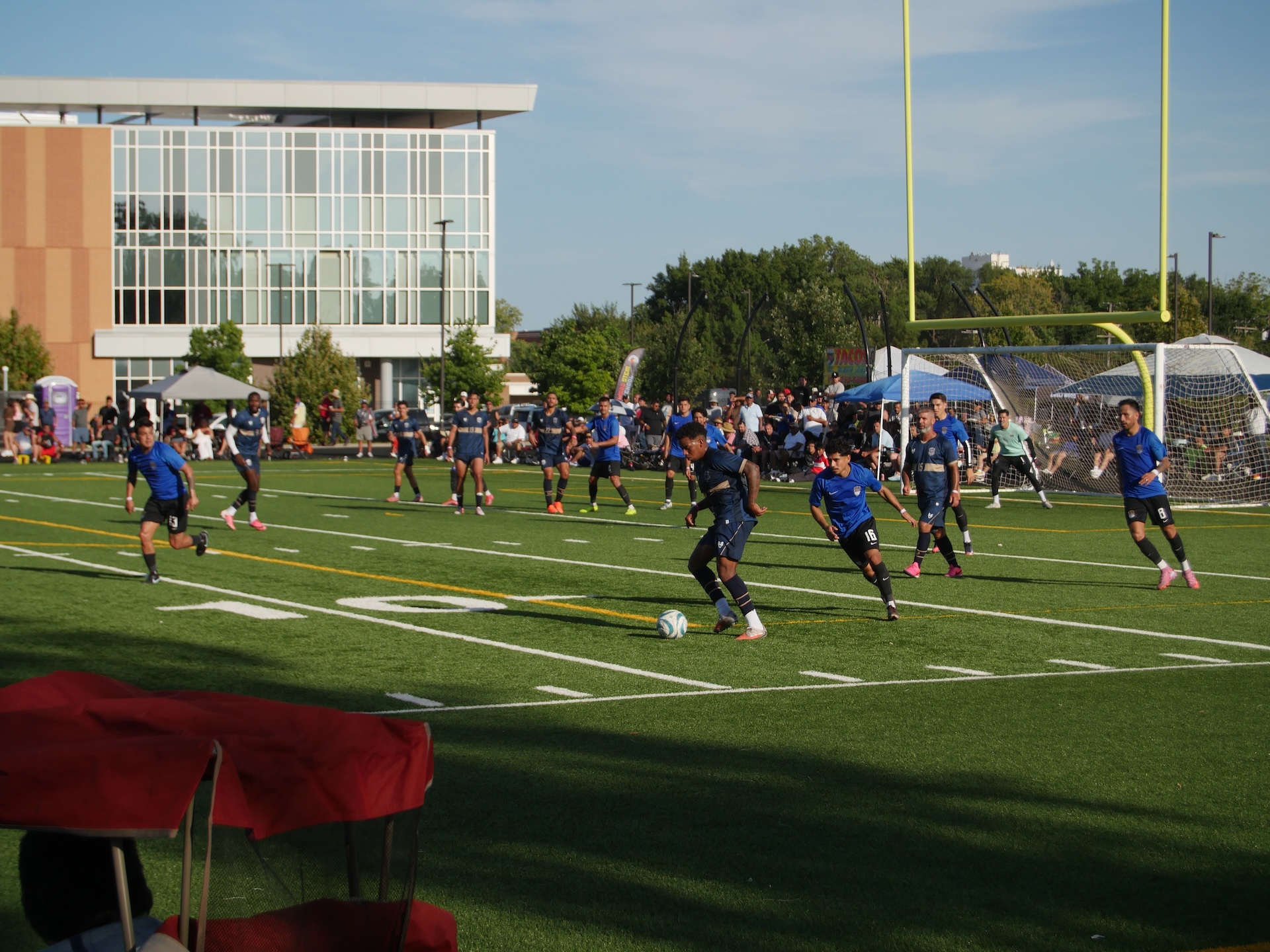 A soccer player on the Deportivo Sauces team passes a ball back to his teammate on Sept. 6, 2026.