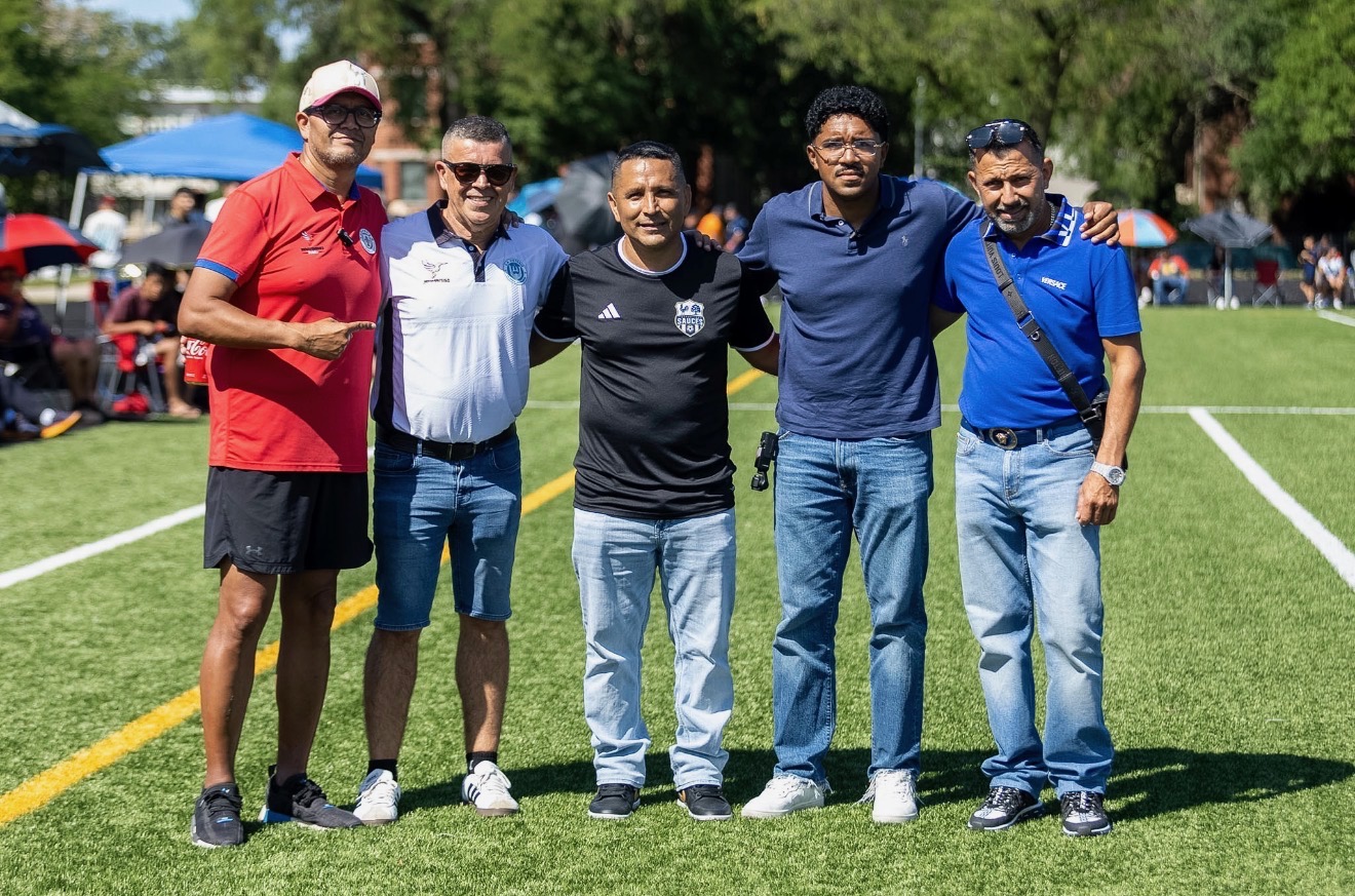 CLASA Elite league’s operators stand together, (Left to right) Adolfo Flores (Soccer2Night), Jorge Lavecchia (former professional game announcer), Salomon (co-owner of Deportivo Sauces), Marcos “Prince” Hernandez (Intra Sports creative director), and Lido Catalan (owner of Deportivo Sauces).