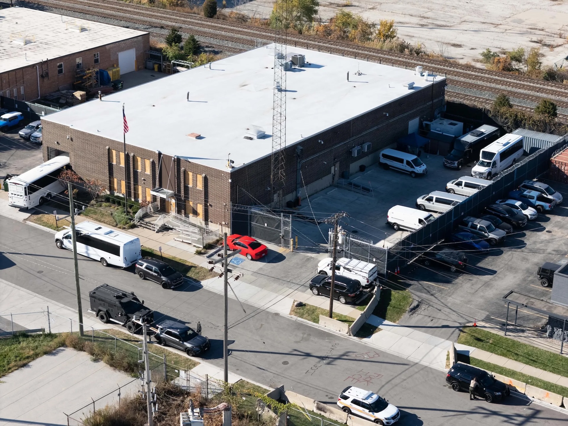 The U.S. Immigration and Customs Enforcement Agency’s processing center in Broadview is seen from the air in an industrial neighborhood alongside train tracks on Thursday, Nov. 6, 2025.