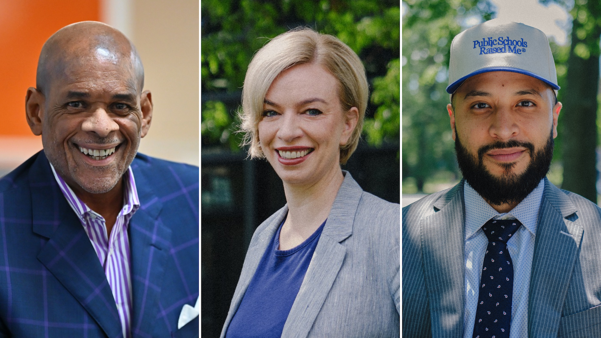 School board president candidates Victor Henderson, Jessica Biggs and Hilario Dominguez.